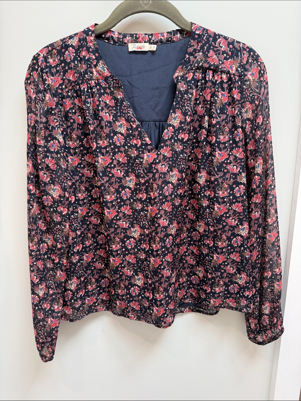 Faherty Violet Navy Floral V-Neck Long-Sleeve Blouse